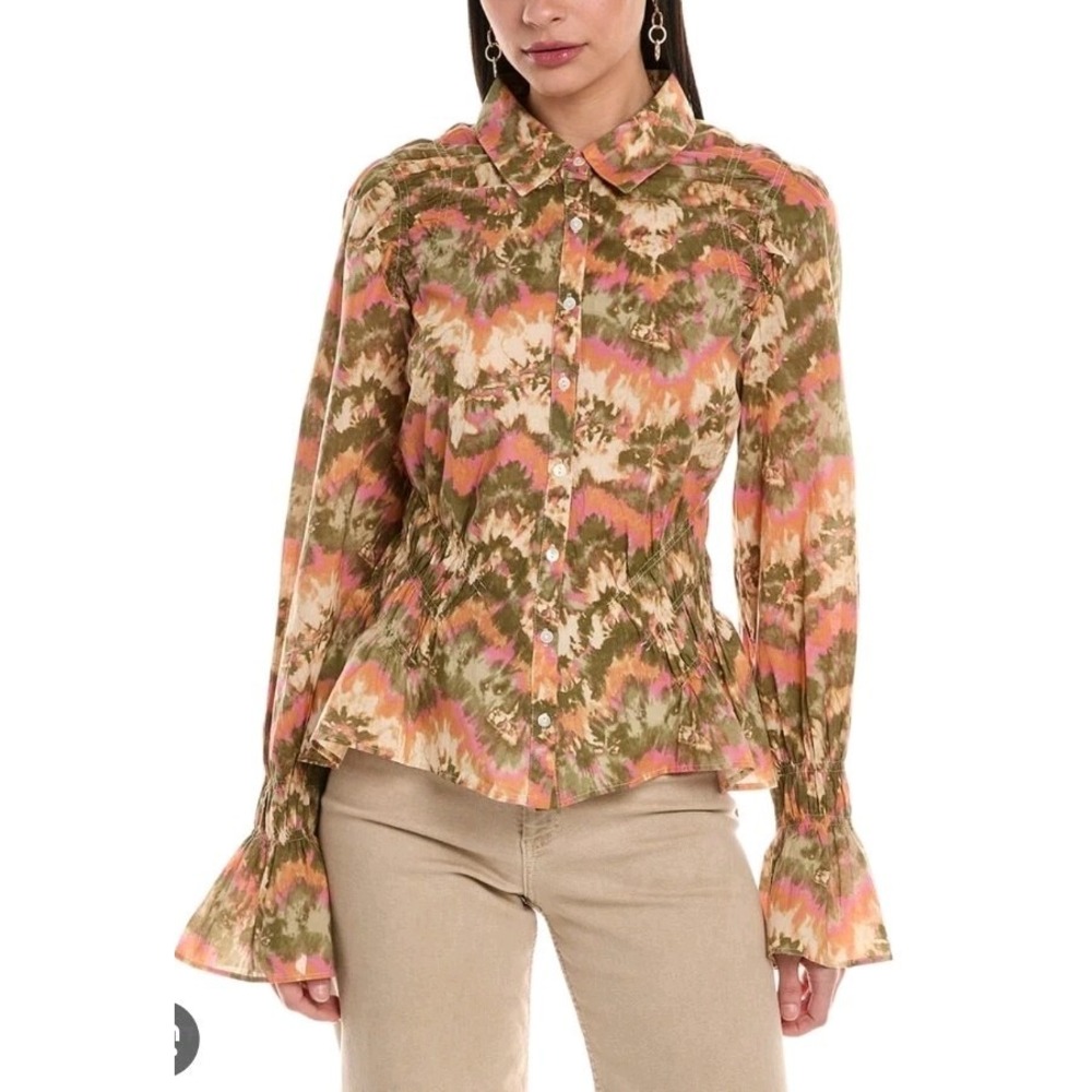 Love the Label Sonia Top Karishma Print Ruffle Sleeve Boho Ruched Fitted Size‎ S